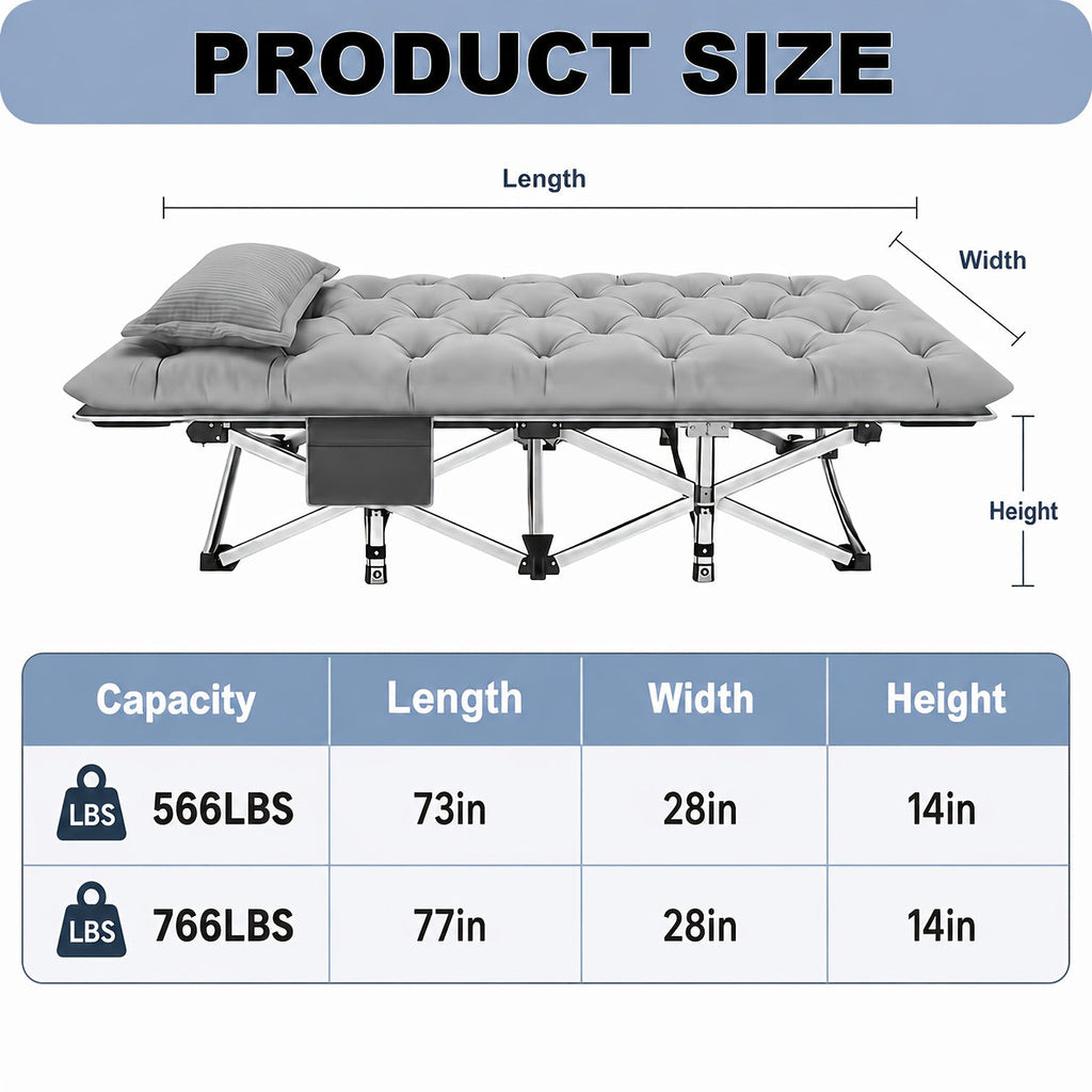 766 lbs Heavy Duty Folding Camping Cot & Guest Bed – 67"/79" Two Length Options, 566/766 lbs Capacity, Optional Mattress, Portable Foldable Adult Outdoor Travel Bed for Camping Patio Home Guests Black Gray