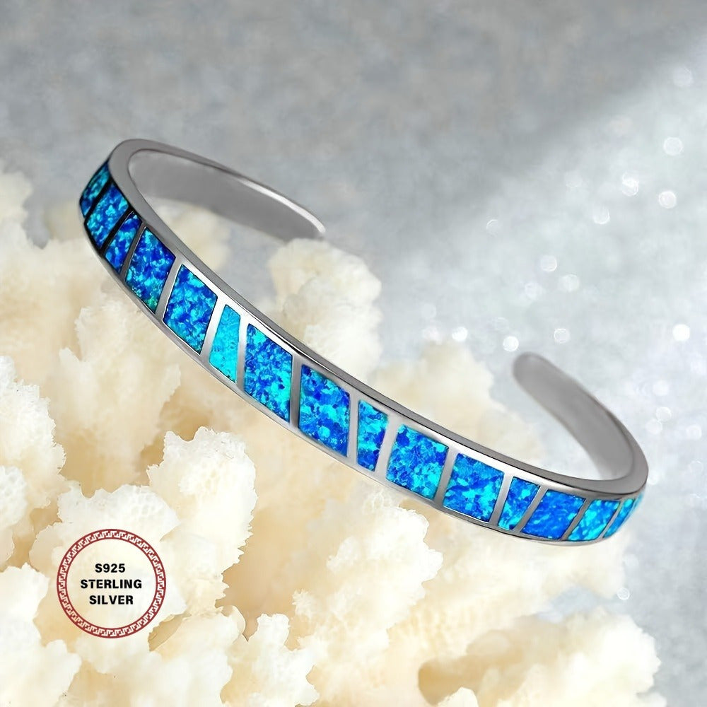 925 Silver Vintage Blue Opal Bracelet with Adjustable Chain – Elegant Women's Jewelry for Daily Wear & Special Occasions, Classic Durable Accessory, Available in Blue, Pink & White