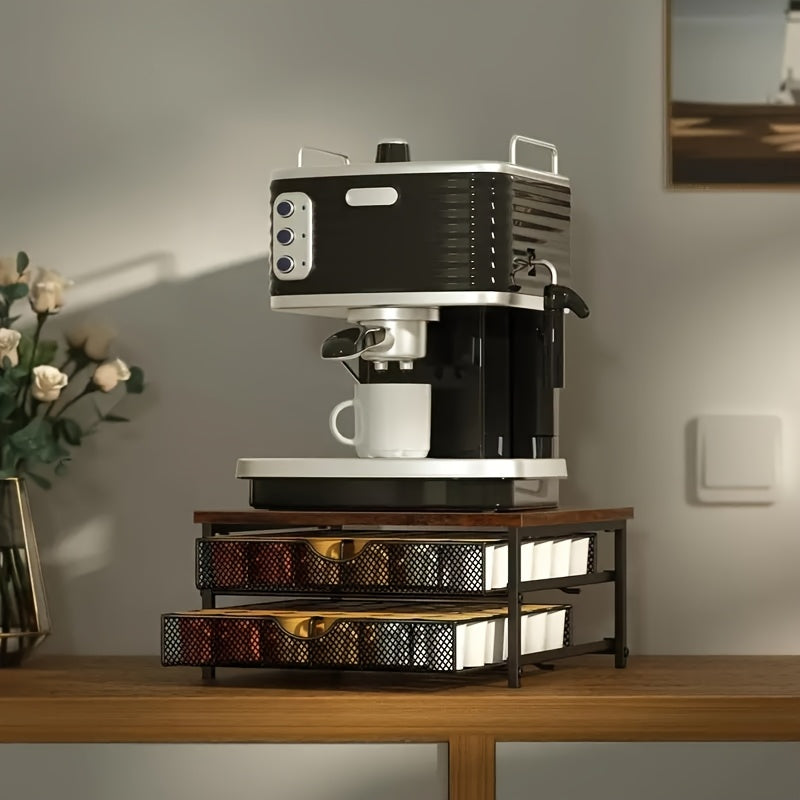K-Cup Coffee Pod Holder Counter Storage Sliding Drawer Organizer Keurig Nespresso Capsules Double Layer 48 Pod Capacity Kitchen Countertop Coffee Station Brown