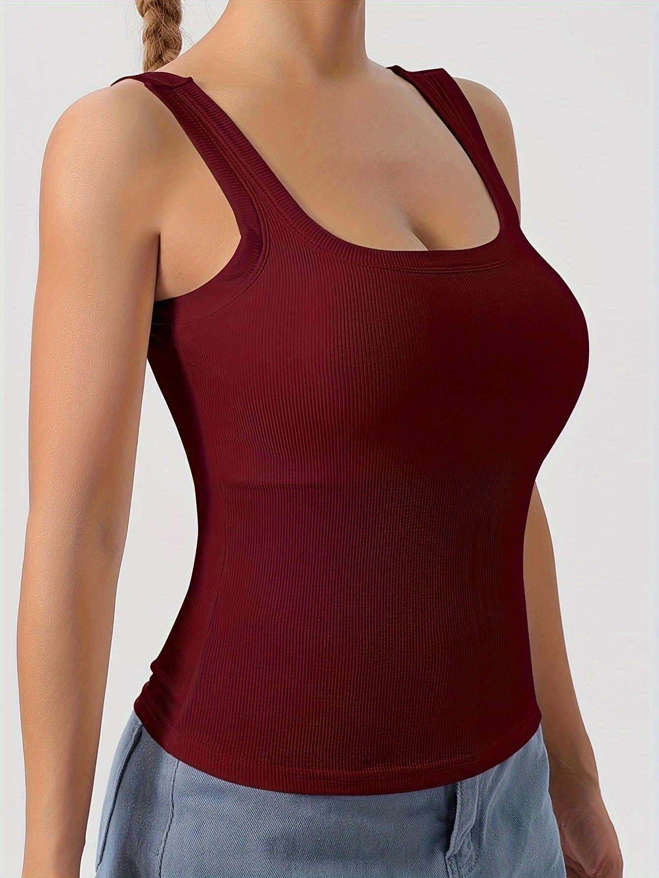 Women's Scoop Neck Tank Top with Removable Chest Padding – Slim Fit Padded Bra Sleeveless Summer Casual Top 8 Colors XS-XL