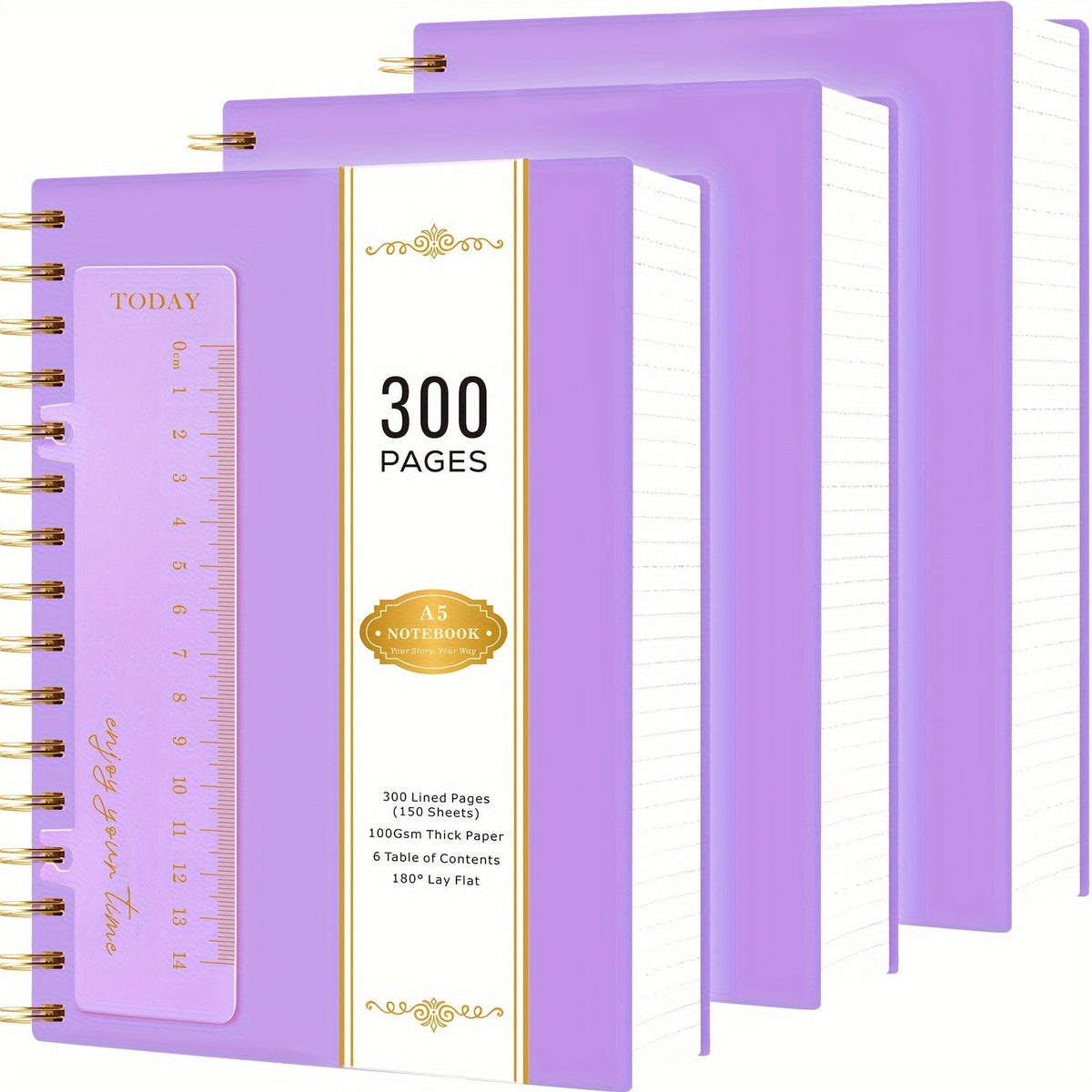 Spiral Notebook 3 Pack A5 Hardcover College Ruled 300 Pages 100GSM Thick Paper PVC Cover Notepad Set for Women Girls Students School Office Journaling 5.7x8.4 with Built-In Ruler