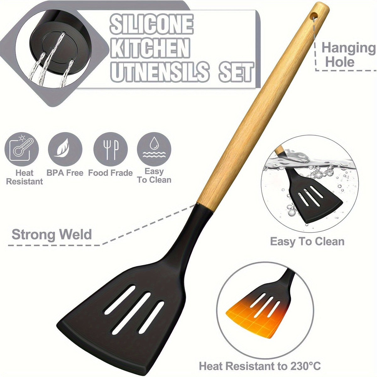 34-Piece Silicone Kitchen Utensils Set with Holder – Heat Resistant Cooking Utensils for Nonstick Cookware, Wooden Handle Spatula Set, Kitchen Gadgets & Tools, Great Father's Day Gift (Khaki/Black/Gray)