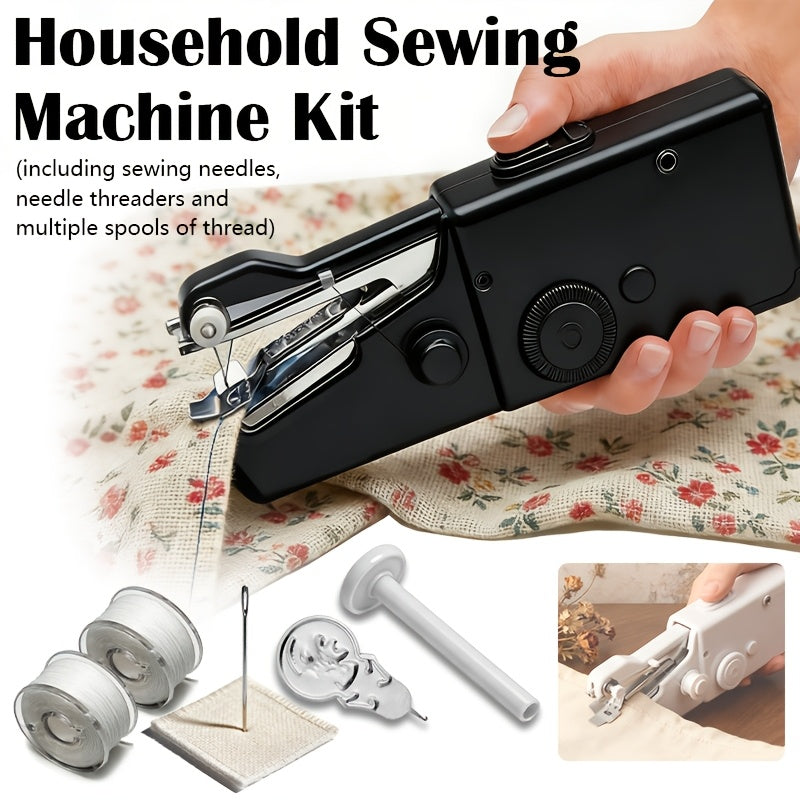 Compact Handheld Sewing Machine Kit Portable Battery Powered – Quick Repair Tool with Needles Bobbins Thread Spool Needle Threader and Fabric Sample for Clothes Garments Curtains and DIY Sewing Projects – White or Black