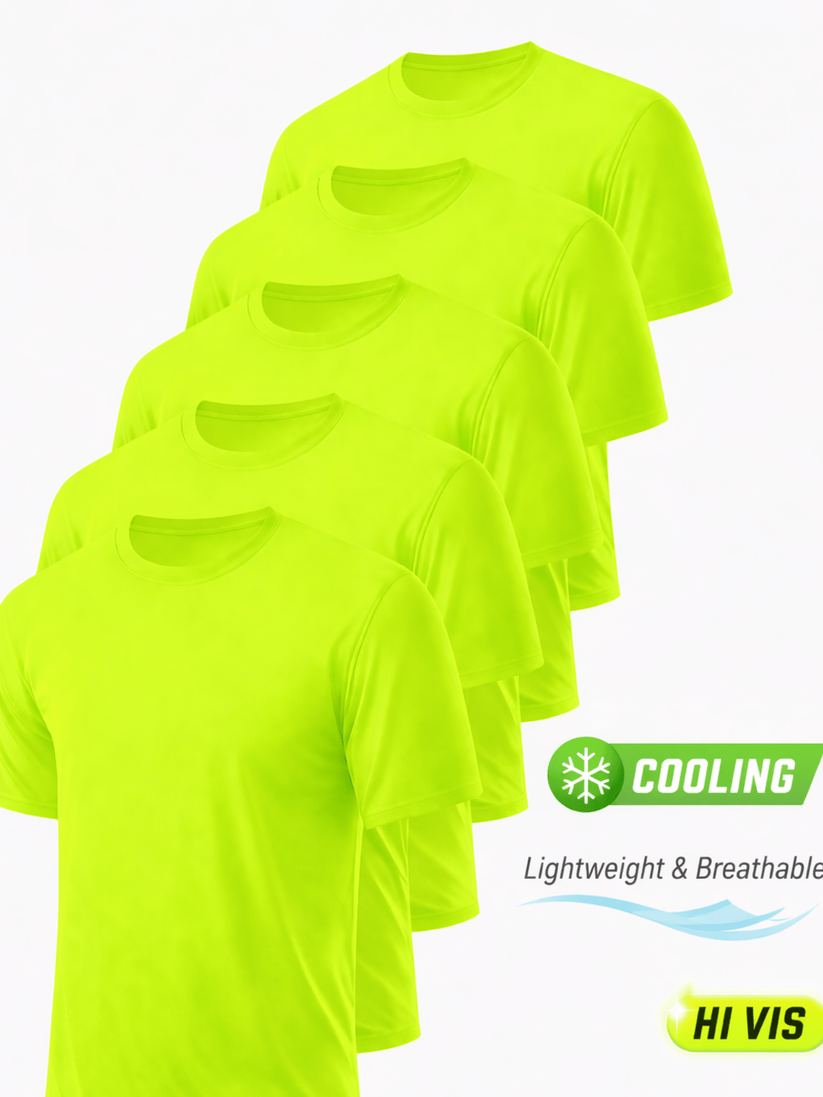 Men's UPF 50+ Safety Work Shirts 5 Pack Quick Dry Breathable Performance Tees – Fluorescent Yellow High Visibility for Outdoor Construction Landscaping Jobs, S-XXXL, Gift for Dad