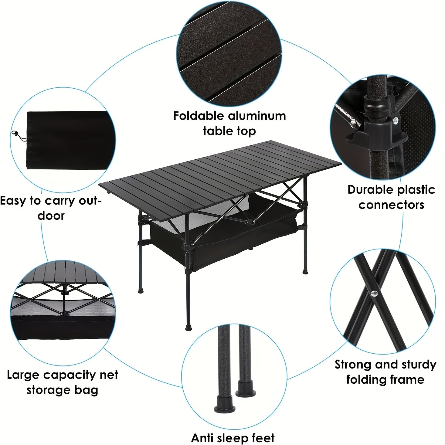 Portable Folding Camping Table Aluminum Lightweight Outdoor Picnic Table with Mesh Storage Bag & Carry Bag – Height Adjustable 37.4", Easy to Store, for Camping, Beach, Backyard, BBQ, Party & Patio
