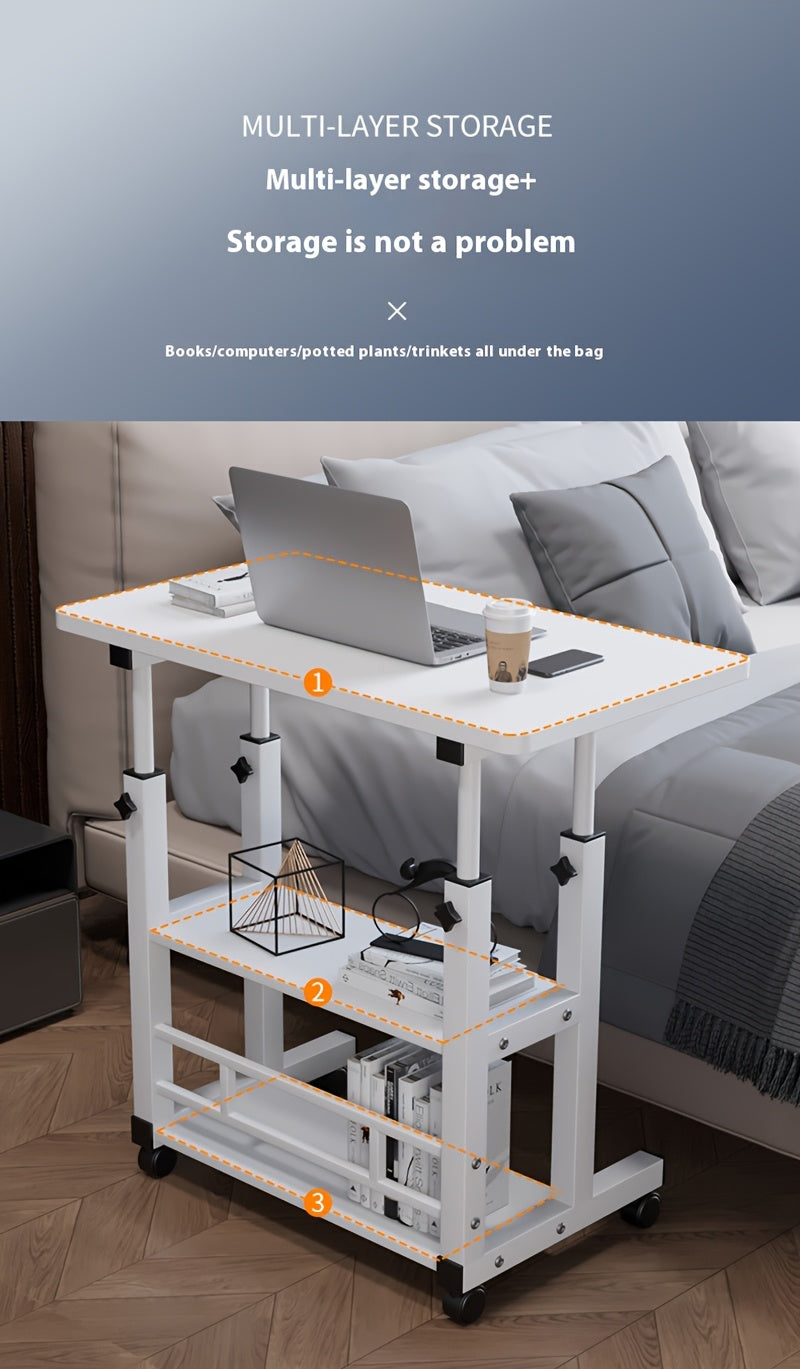 Rolling Folding Desk 3-Tier with Wheels Height Adjustable Expandable Desktop Storage Shelf Laptop Study Home Office Bedroom Living Room Computer Table Multi-Color