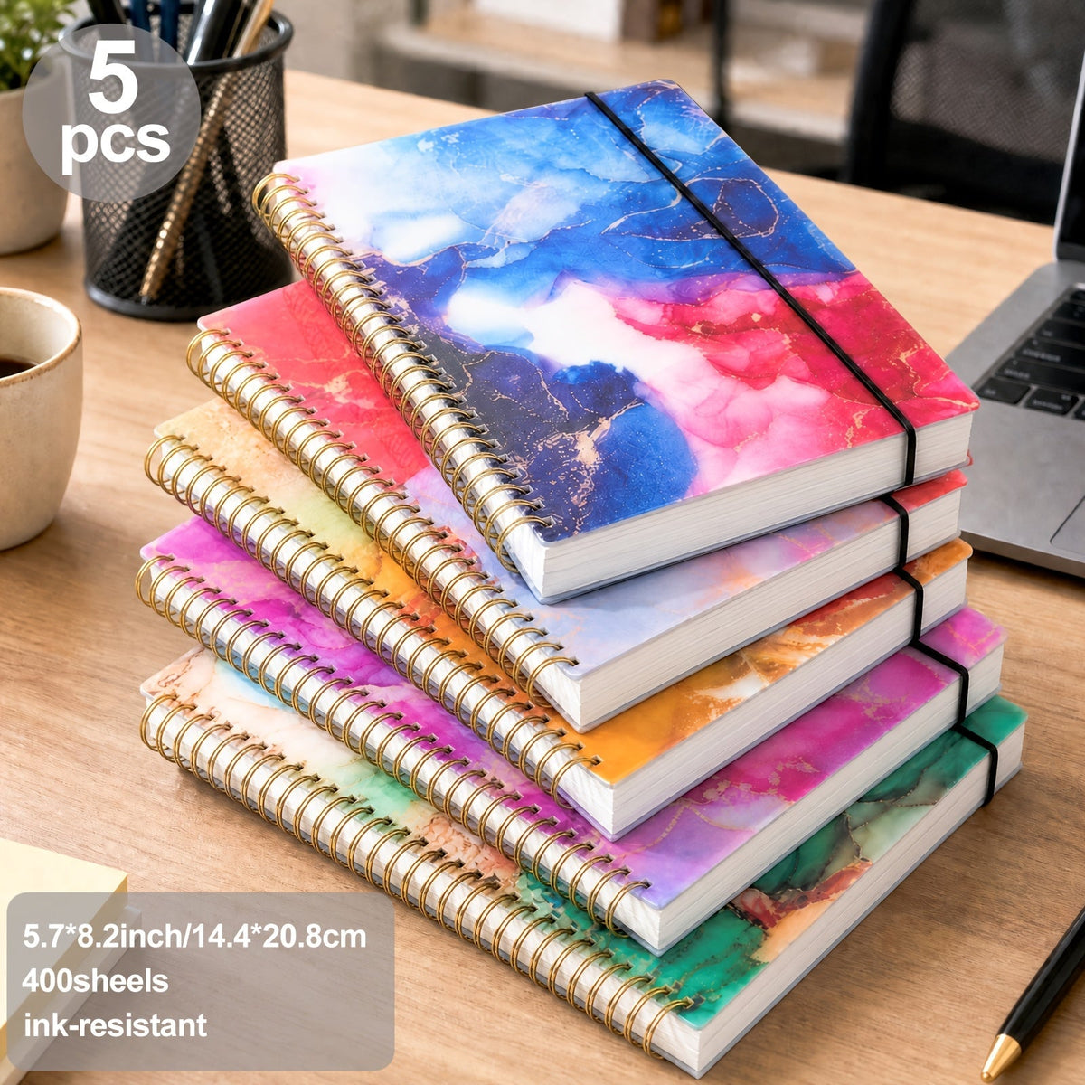5-Pack Marble Hardcover Spiral Notebook A5 400 Sheets No-Bleed Thick Paper Journal Set for School Work Journaling Bullet Journal Planning Back to School Teacher Appreciation Gift