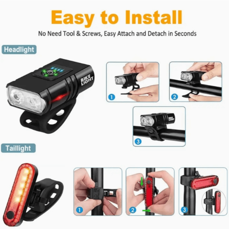 USB Type-C Rechargeable Bike Light Set – Aluminum Alloy Front Light 6 Modes & Rear Light 4 Modes, High-Lumen LED Bicycle Lights for Night Riding Commuting Camping Safety
