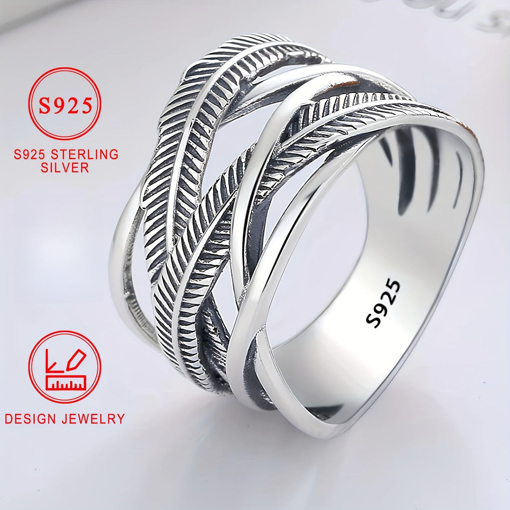 925 Sterling Silver Feather Ring Vintage Hip Hop Infinity Cross Band Fashion Jewelry for Women and Men Sizes 6 7 8 9 10 Daily Wear Gift