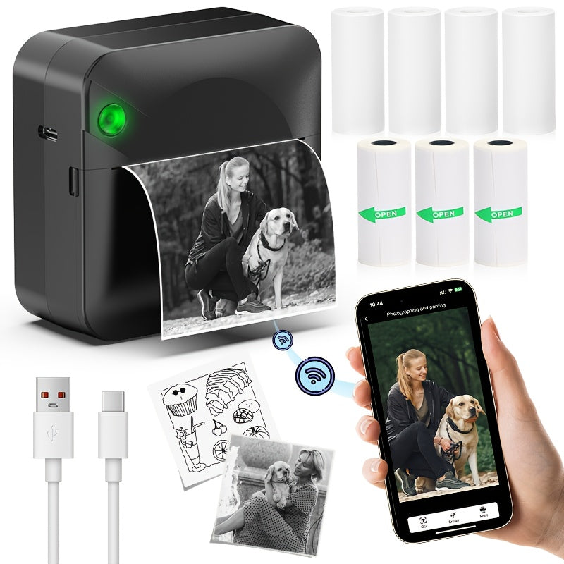 Mini Wireless Thermal Sticker Printer Inkless Portable Bluetooth Pocket Printer for Photos Diaries Notes Memos Labels Receipts Includes 1 Roll Thermal Paper Gift for Students Journalers