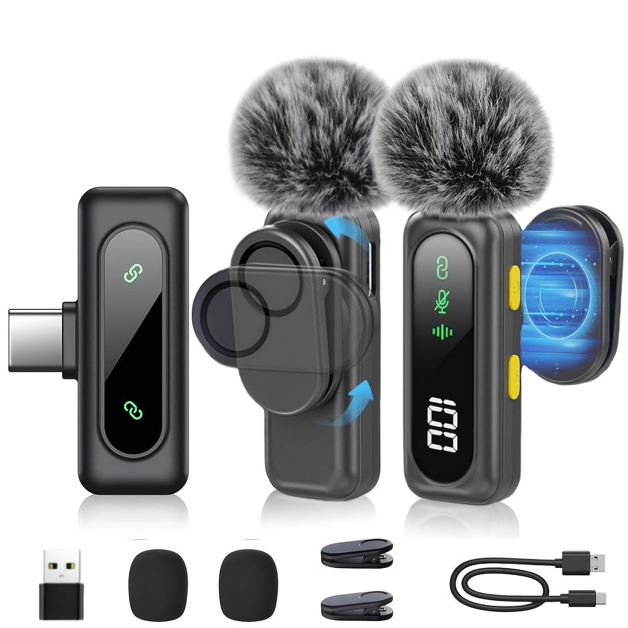 Wireless Lavalier Microphone USB-C 2.4G with DSP Noise Reduction, Digital Battery Display, 360° Omnidirectional Clip-On Lapel Mic, 100ft Range, Feather Windshield, Rotatable Magnetic Clip for iPhone, Android, Camera & Content Creators