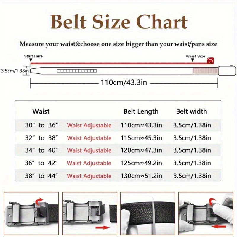 Men's Genuine Leather Ratchet Belt Automatic No-Hole Buckle 5 Lengths 110-130cm – Black Brown Slide Buckle Dress Belt Fits Waist 30" to 44" Formal Business Casual Father's Day Gift