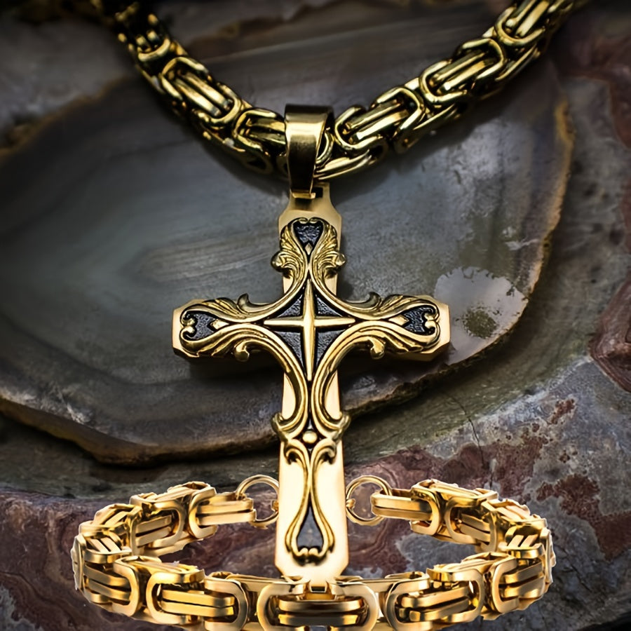 304 Stainless Steel Cuban Chain Necklace & Bracelet Set for Men – Religious Cross Pendant, Tarnish-Resistant Hip Hop Jewelry, Silver Tone, Daily Wear & Gift