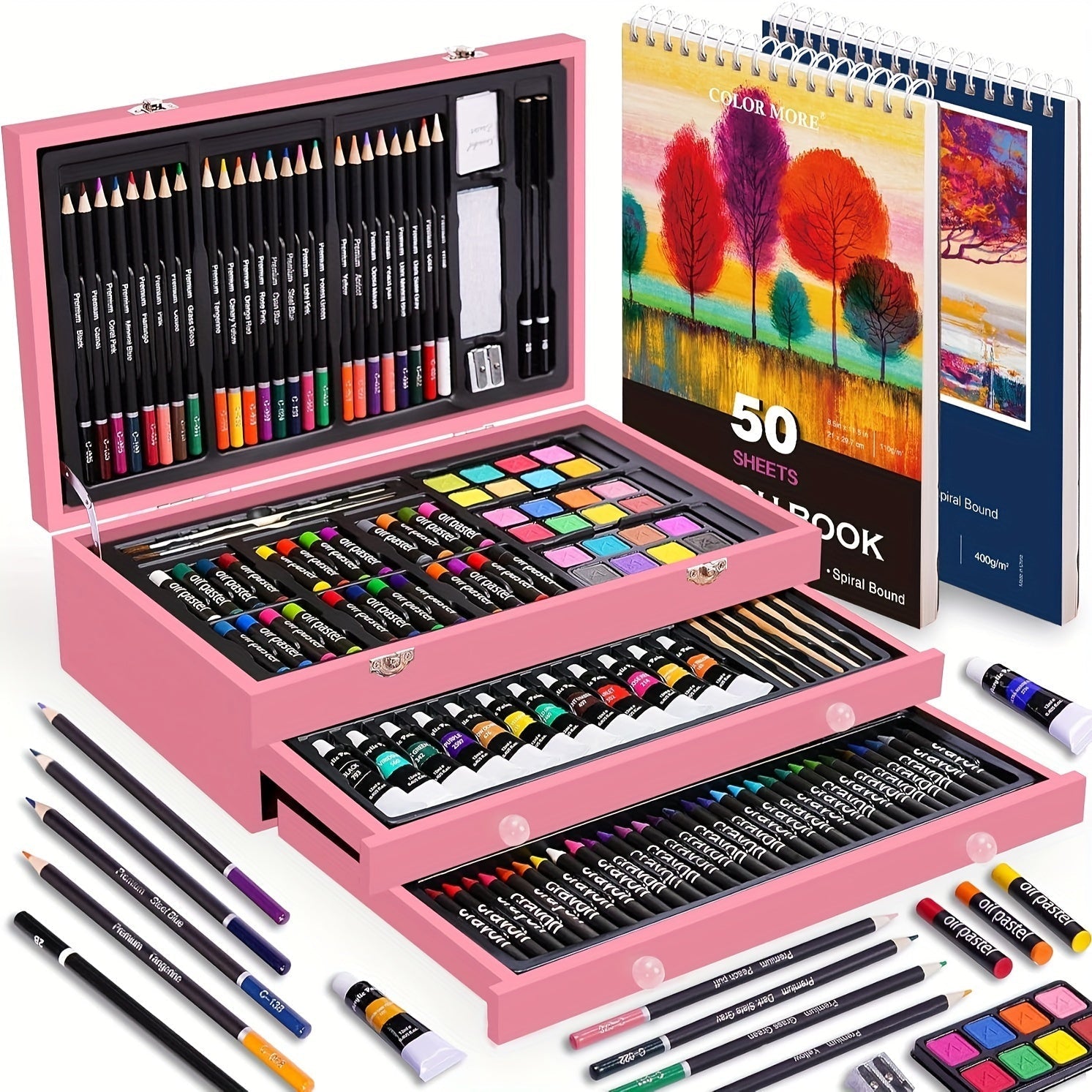 175-Piece Deluxe Art Set in Wooden Case – Professional Art Kit with 2 Drawing Pads, Crayons, Acrylic Paints & Colored Pencils, All-in-One Paint Supplies Gift for Kids & Adults, Cherry Pink Purple Blue Wood Brown