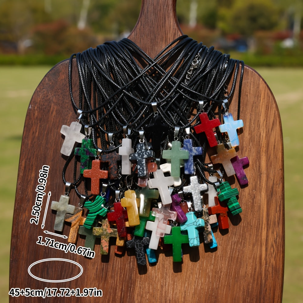 50pcs Natural Stone Cross Pendant and Necklace DIY Set – 25 Colorful Stone Cross Charms + 25 Black Chains for Jewelry Making Bracelets Earrings Craft Teen Gift