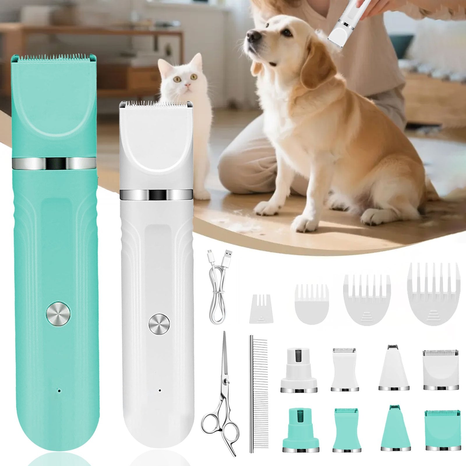 6-in-1 Rechargeable Pet Grooming Kit for Dogs Cats Cordless Hair Clipper Steel Scissors Comb Shaver Set for Thick Heavy Coats USB Charging 50-Min Runtime Blue White