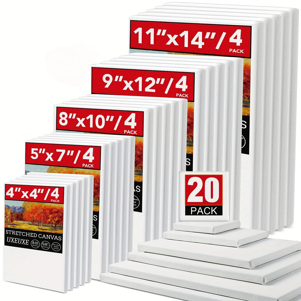 Stretched Canvas Multi-Pack 100% Cotton Primed White – Round Square Rectangular Sets 10 15 20 Pieces for Acrylic Oil Watercolor Painting Pouring Mixed Media Artist Boards Bulk Value Pack