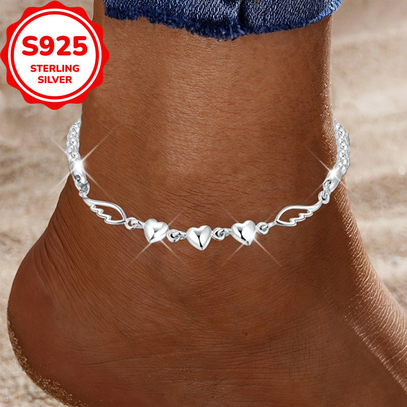 925 Sterling Silver Angel Wings Anklet for Women – Love Heart Charm Chain Anklet Nickel-Free Hypoallergenic Dainty Beach Summer Jewelry Gift for Her Birthday Valentine's Day Anniversary