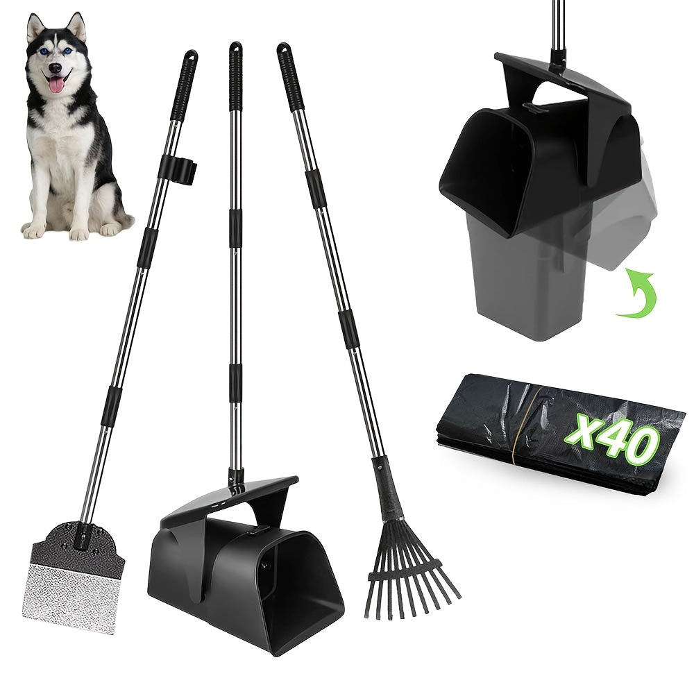 Heavy Duty Dog Pooper Scooper Set with Swivel Bin, Rake & Spade – Long Handle No-Bend Pet Waste Removal for Grass, Dirt & Gravel, 40 Waste Bags Included, Large Dogs