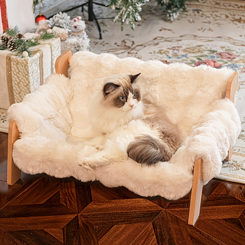 Elevated Pet Sofa Bed Solid Wood Frame Bamboo Mat Replaceable Fleece Mattress Modern Lounge Chair for Small Medium Dogs Cats Gray White Bamboo Style