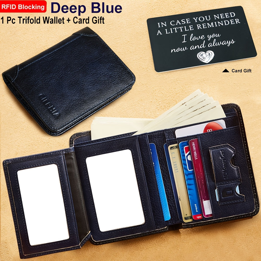 RFID Blocking Genuine Leather Wallet Men Trifold Cowhide Vintage 9 Card Slots 2 ID Windows Money Clip Cash Slots Father's Day Birthday Gift for Dad Husband Brown Black Blue