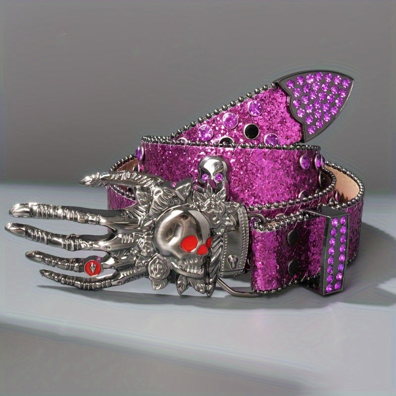 Unisex Punk Skull Belt – Rhinestone-Embellished Faux Leather with Zinc Alloy Skull Buckle, Bold Statement Fashion Accessory for Halloween, Parties & Daily Wear, 5 Colors Available