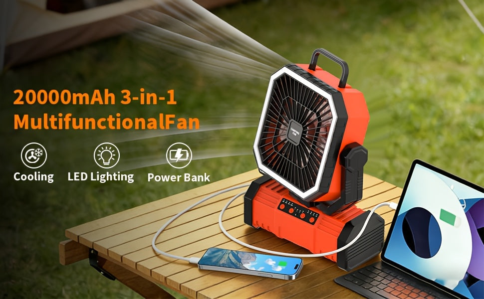20000mAh Portable Camping Fan with Remote Control, LED Lights & 4 Speeds – Rechargeable Battery Operated Oscillating Tent Fan with 360° Rotation & Power Bank for Outdoor Camping, RV, Travel & Home Backup