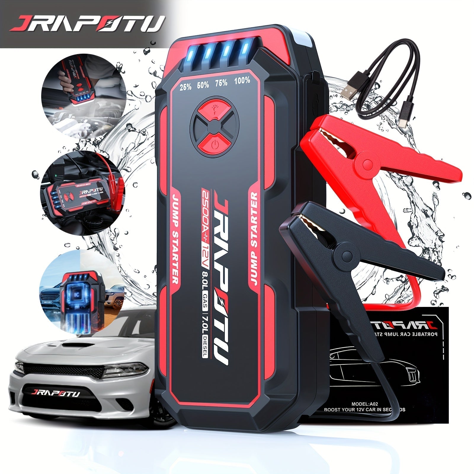 Portable Car Jump Starter 2500A Peak | 8000mAh-10000mAh 12V Battery Booster Pack, Up to 30 Starts, USB Charging Ports & LED Flashlight – Fits Gas 7.0L & Diesel 8.0L Engines, Trucks, SUVs, Motorcycles