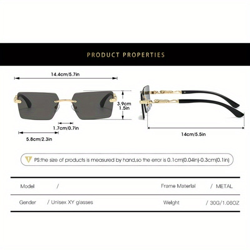 Unisex Luxury Frameless Sunglasses with Leopard Arms - UV400 Narrow Rectangular Lens Black & Gold Fashion Eyewear for Men & Women, Includes Protective Case & Cleaning Cloth for Driving Travel & Parties