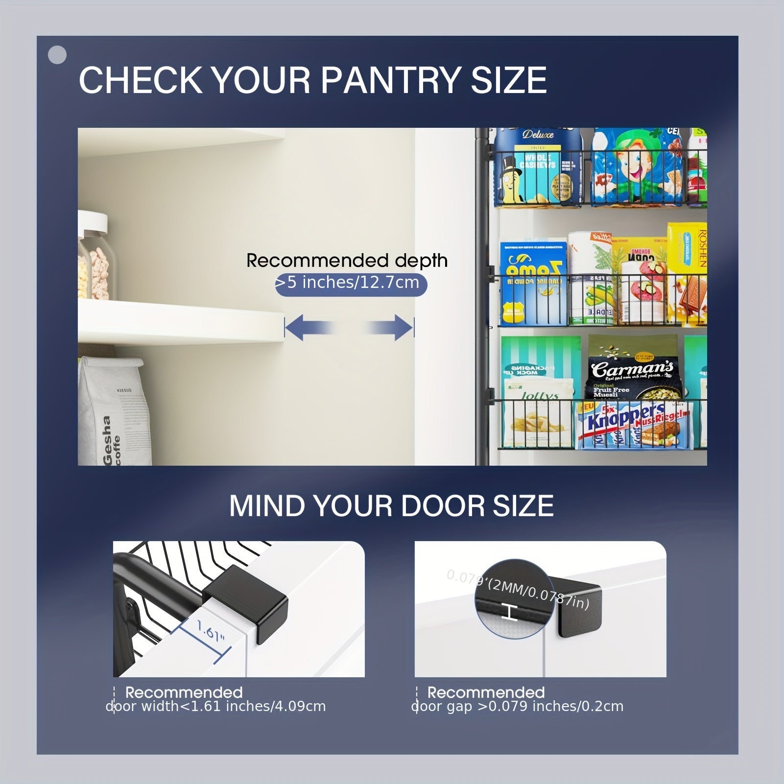 Over the Door Pantry Organizer 6 or 8 Shelf - Heavy-Duty Metal Hanging Storage Rack for Kitchen, Bathroom & Laundry Room, Space-Saving Spice & Food Organizer, Black or White