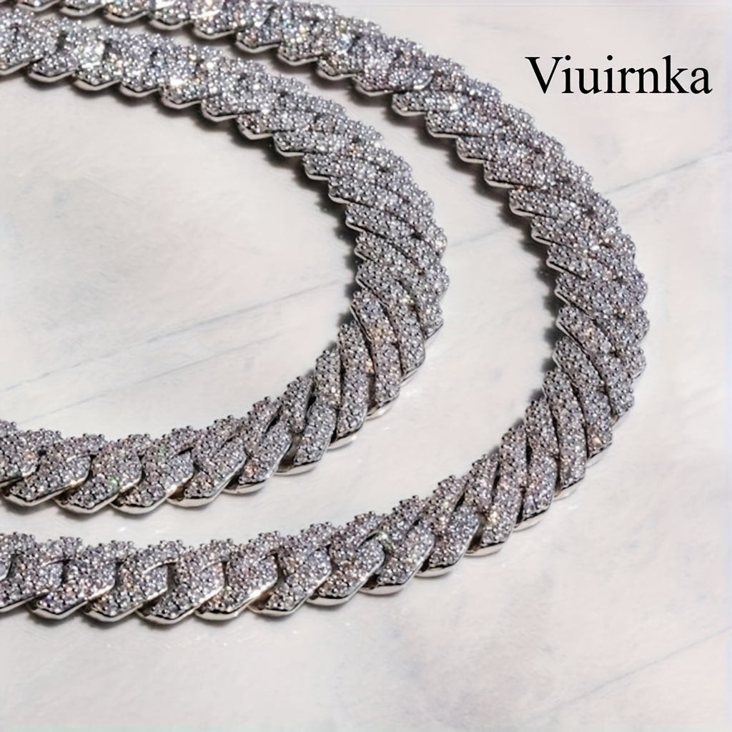 Men's Cuban Link Chain Necklace Hip Hop Style with Synthetic Gem Inlay – Silver & Gold Tone, 45cm / 50cm, Gift Box Included, Bold Statement Jewelry for Any Occasion