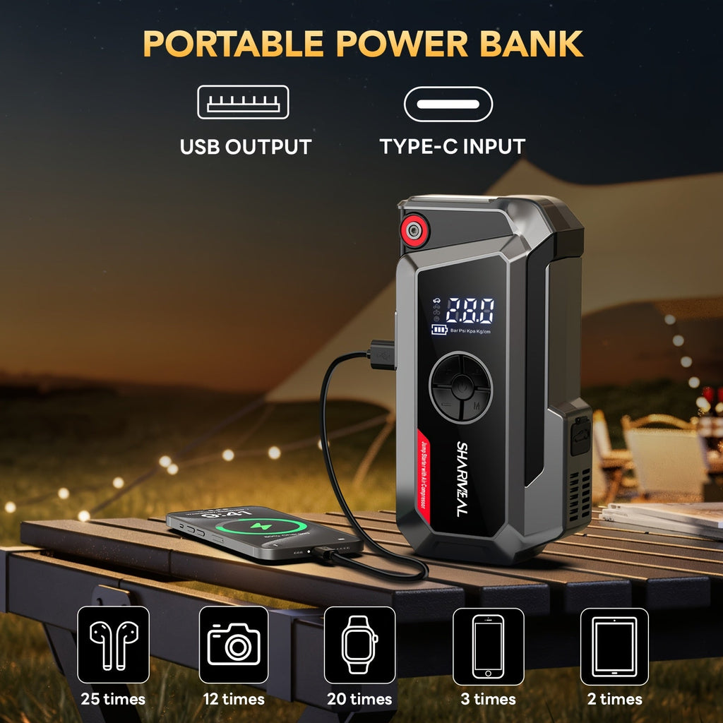 20000A Car Jump Starter with Air Compressor 18-in-1 Portable Power Pack – Smart Jumper Cables Quick Charge LED Light Large Display for All Gas & Diesel Engines, Emergency Car Battery Booster