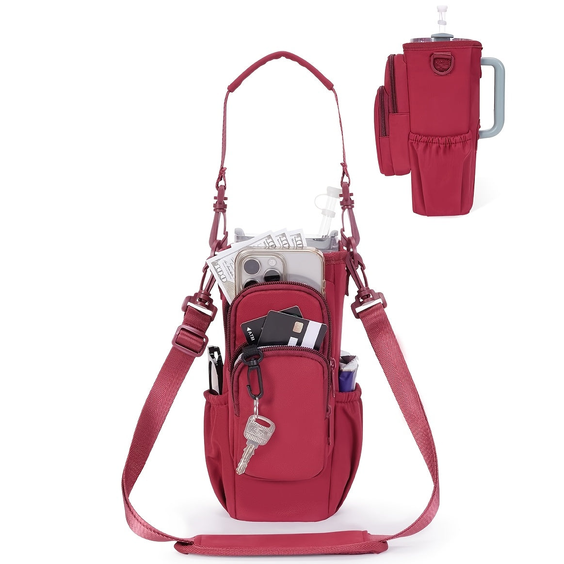 40oz Insulated Water Bottle Sling Bag with Straw Lid & Handle – Hands-Free Carrier with Phone Pocket Zippered Compartments Adjustable Strap for Dog Walking Gym Travel Outdoor Men Women