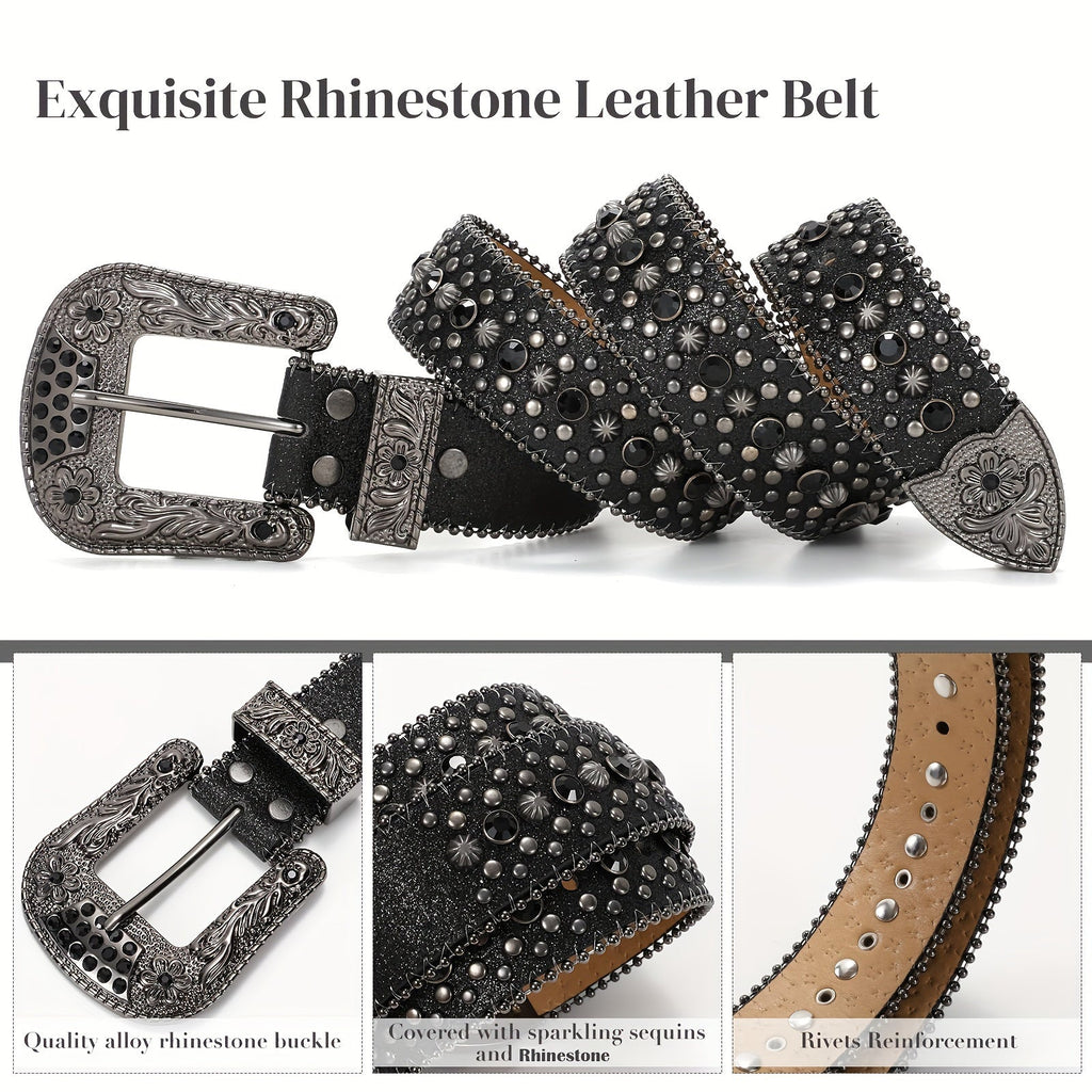 Rhinestone Belt Unisex Western Cowgirl Bling Faux Leather Removable Buckle – Sparkling Adjustable Waist Belt for Women Men 13 Colors Sizes S-XL Party Festival Halloween Christmas Gift