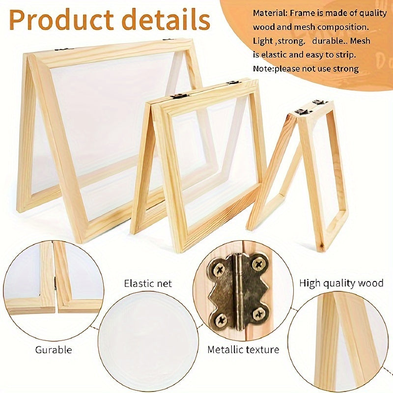 Wooden Papermaking Kit 3 Piece DIY Handmade Paper Frame Mold Set with Elastic Net & Metallic Hinges – 3 Sizes for Cards, Journals, Gift Tags, Stationery & Bookmarks | Arts & Crafts Kit for Adults Kids