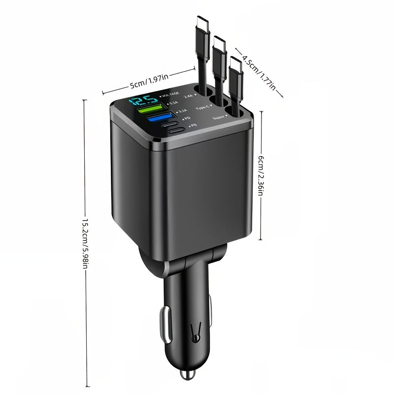 7 in 1 Car Fast Charger with 3 Retractable Cables LED Digital Display 180 Degree Adjustable Multi-Port Car Phone Charger for iPhone Android USB-C Samsung Universal 12V 24V