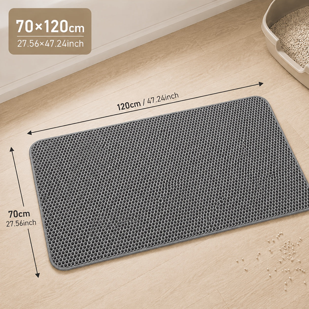 Cat Litter Mat Extra Large 27.6x47.2 Inch Honeycomb Double Layer Anti-Tracking EVA Non-Slip Waterproof Litter Trapper for Multi-Cat Households Easy to Clean Fits Large Litter Boxes Gray Khaki