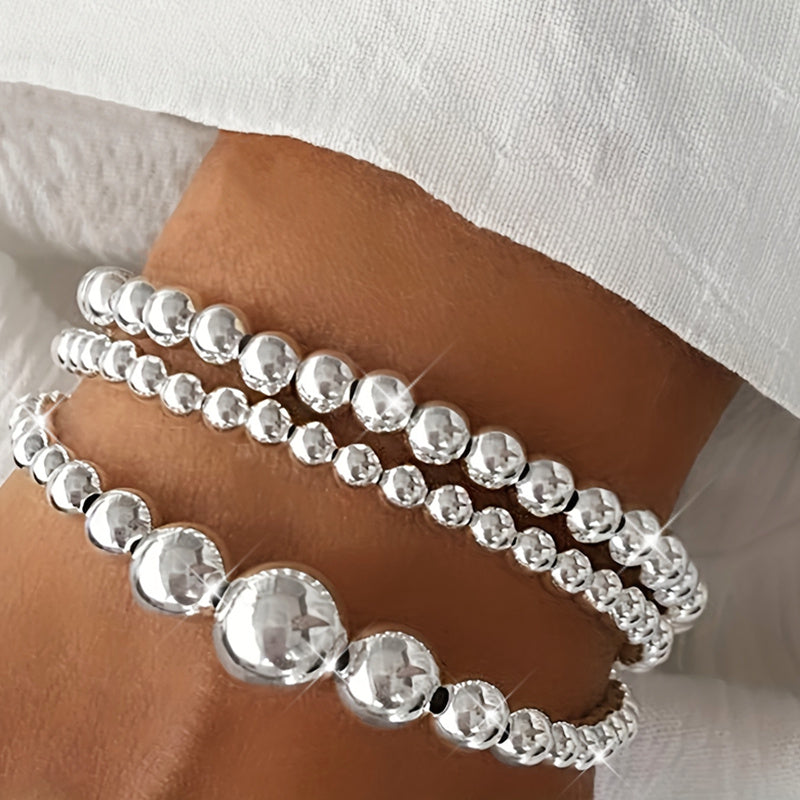 S925 Sterling Silver Beaded Bracelet Set for Women 3pcs – Handcrafted Stackable Round Bead Minimalist Bracelets 15.68g Hypoallergenic Daily Wear Valentine's Day Birthday Anniversary Gift