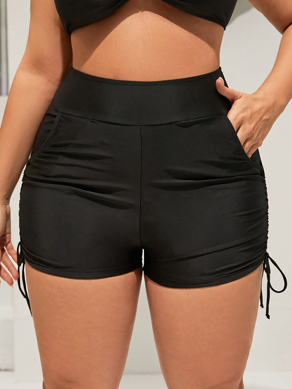 Women's Plus Size High-Waisted Swim Shorts Retro Stretchy Drawstring Pockets Machine Washable Beach Pool Swimwear Bottoms 0XL 1XL 2XL 3XL 4XL Black