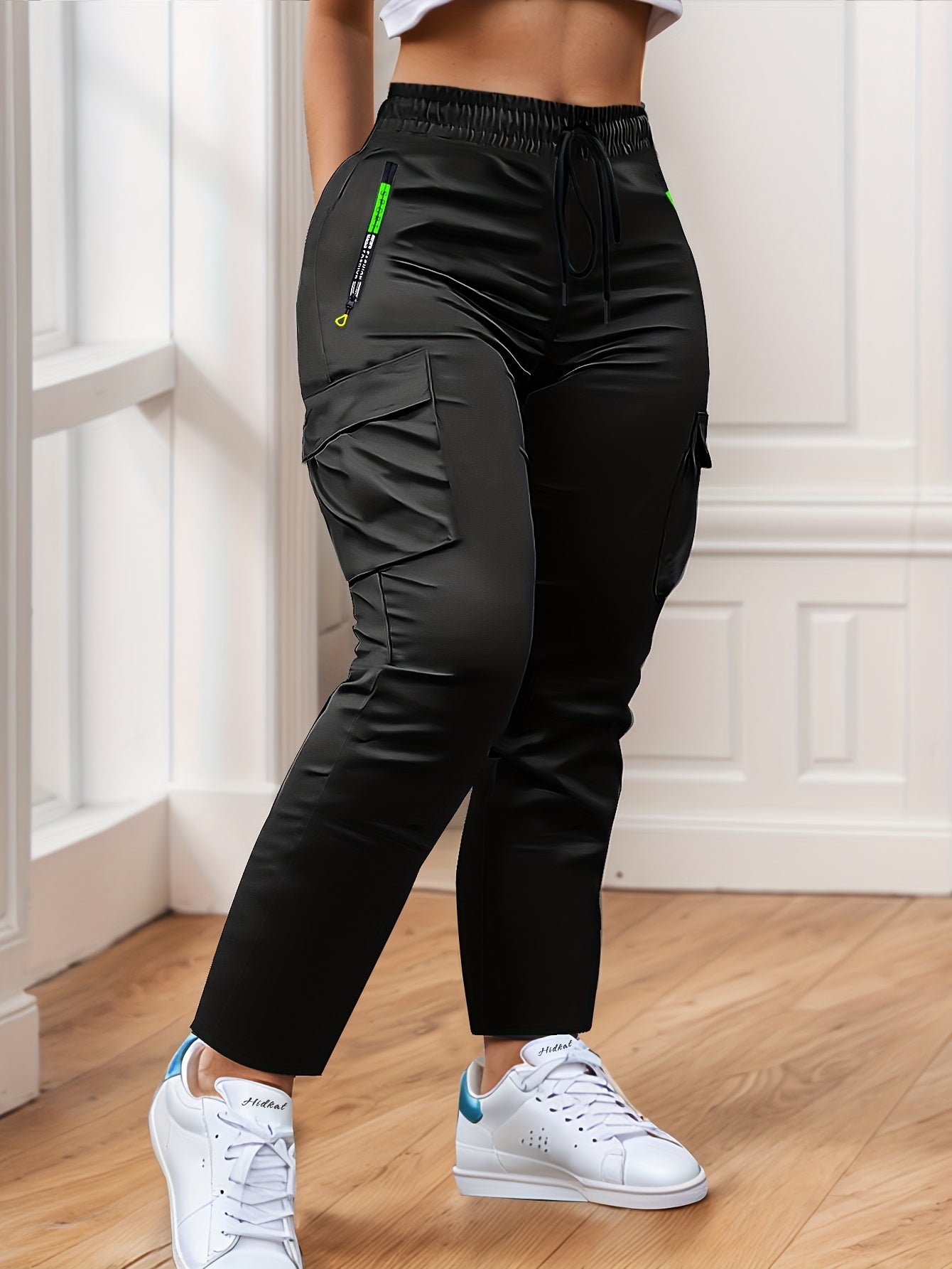 Multi-Pocket Cargo Pants Women Neon Green Zipper Accents Drawstring Waist Full-Length Outdoor Travel Trousers 4 Colors XS-XXL Streetwear