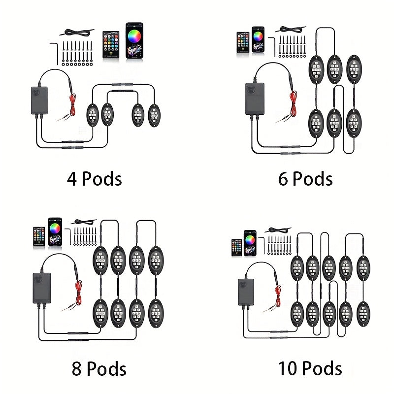 RGB LED Rock Lights Kit for Trucks Pickup SUV – Sound Activated APP & Remote Control, Multicolor Underglow Chassis Neon Lights, 9 Large Beads, 4/6/8/10 Pods Underbody Lighting Kit