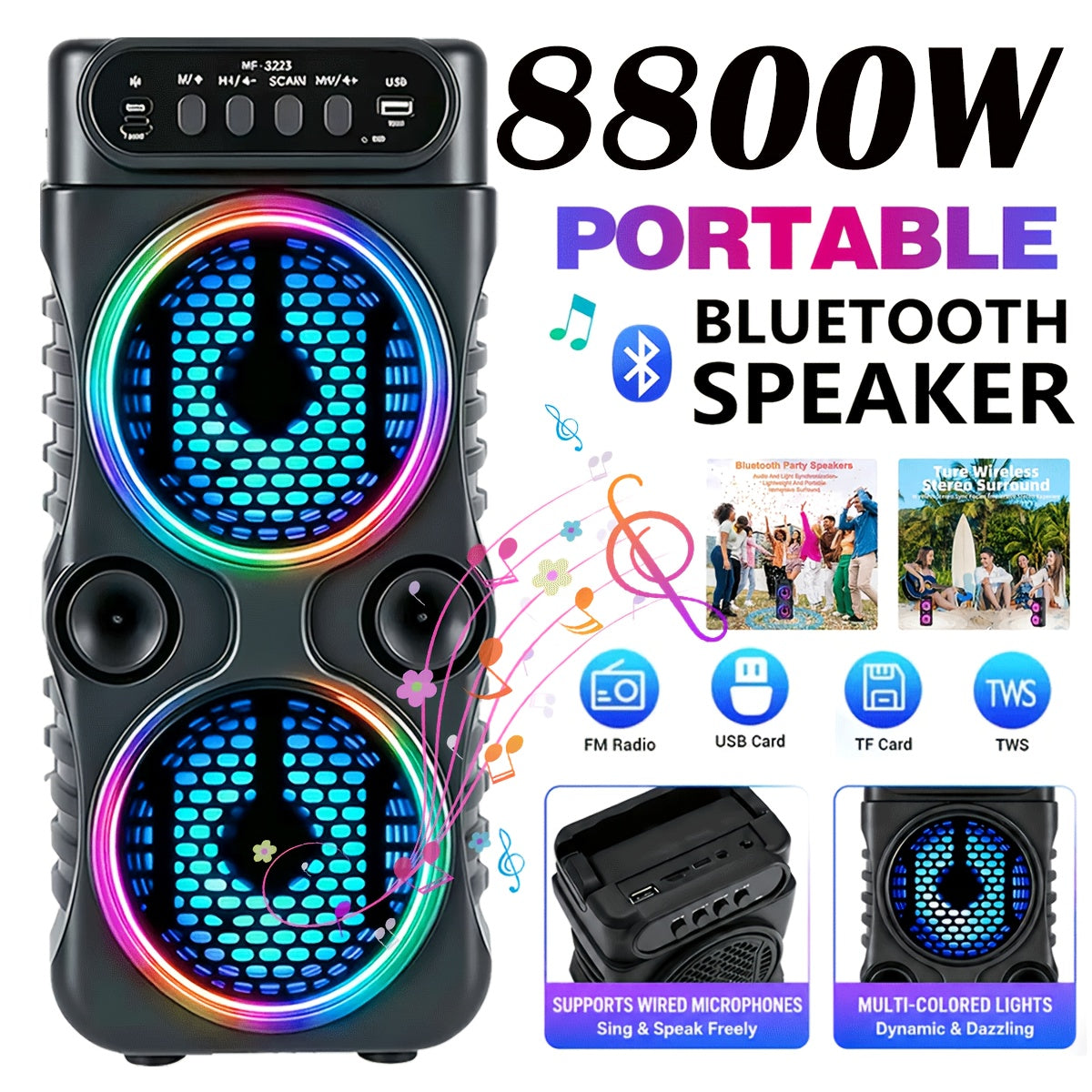 Portable PA Bluetooth Party Speaker with RGB Lighting, Subwoofer & FM Radio – Supports BT, TWS, USB, TF & Mic Input for House Parties, Holiday Gatherings & Indoor Dancing, Standard & Upgraded Versions