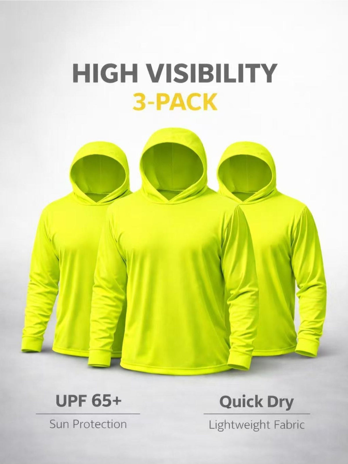 Men's UPF 50+ Sun Protection Hoodie Shirt 3-Pack Long Sleeve Moisture-Wicking Quick-Dry Breathable Outdoor Performance T-Shirt for Hiking Fishing Running – Sizes S to XXXL, Fluorescent Yellow