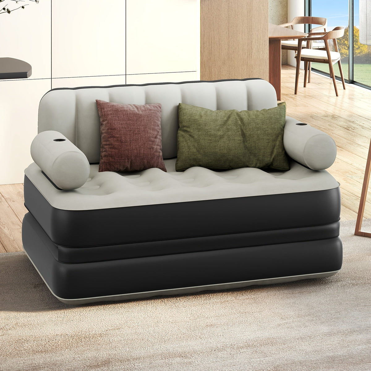 Inflatable Air Sofa Bed 2-in-1 Queen Size – Portable Blow Up Couch & Airbed with Headboard, Cup Holders, External Pump & Storage Bag, 440 lb Capacity for Home, Camping, Guests & Dorms