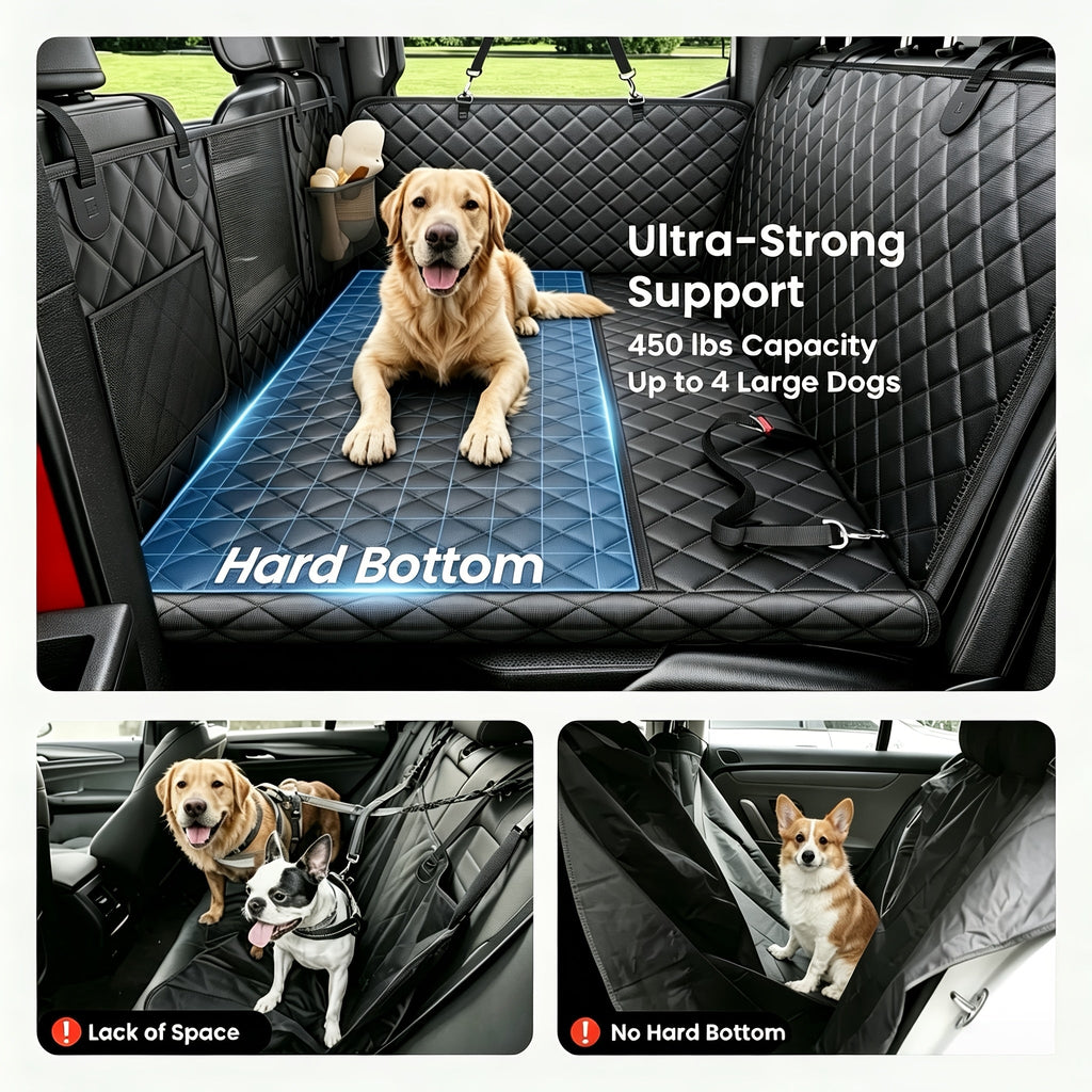 Dog Car Seat Cover Hard Bottom Back Seat Extender Holds 400 lbs – Dog Hammock Car Bed with Mesh Window & Storage Pockets for Cars SUVs Trucks All Breeds