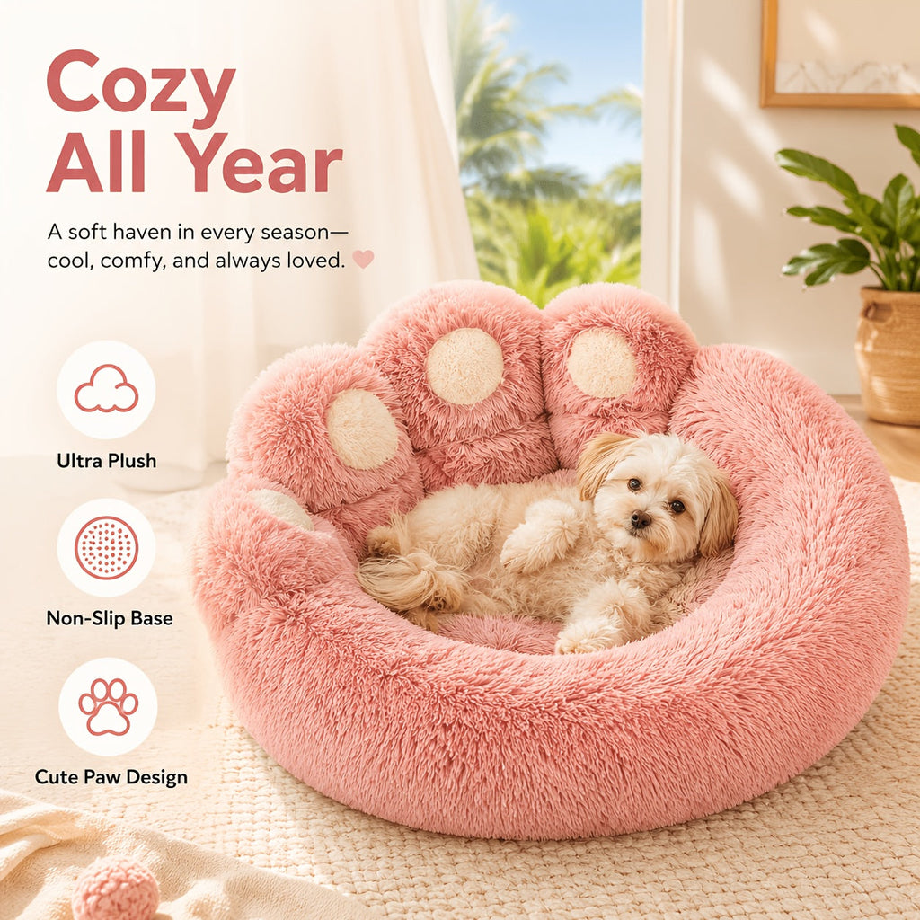 Bear Paw Plush Round Pet Bed for Dogs & Cats Soft Calming Non-Slip Cozy Puppy Bed – Small Medium Large, 20/24/28/36 Inch, Coffee Pink Gray