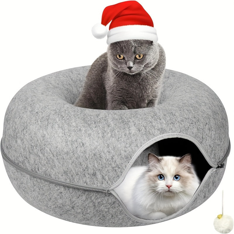Cat Tunnel Bed with Donut Hole Indoor Hiding Place - All-Season Collapsible Soft Plush Cat Cave Bed for Indoor Cats, Dark Gray & Light Gray, 20 & 24 Inch, Perfect Cat Gift