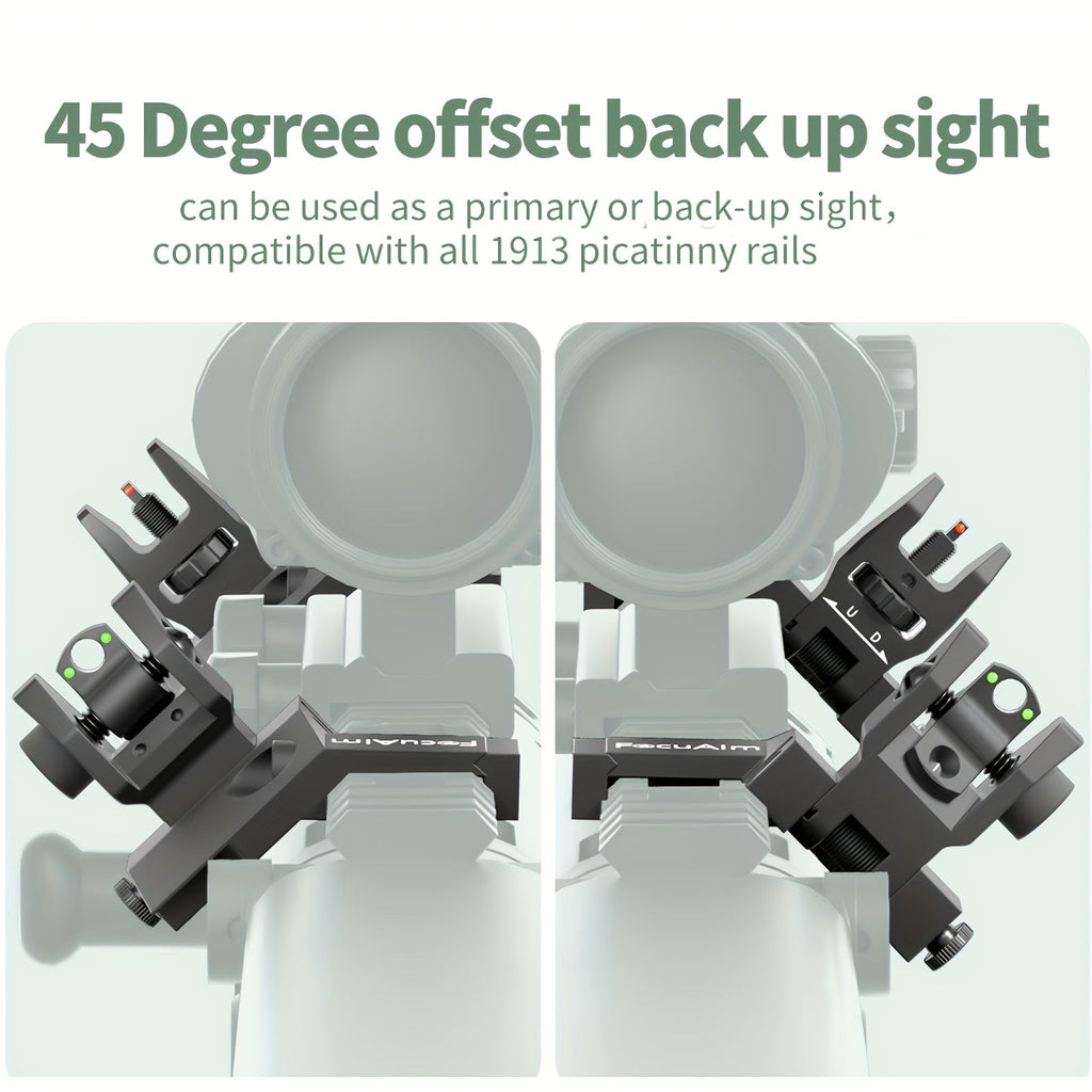 45 Degree Offset Flip Up Iron Sights for AR15 – Fiber Optic Red Green Dots, Tool-Free Adjustable, 20mm Rail Mount, Rapid Transition Backup Canted Sights for Rifle Shooting Outdoors