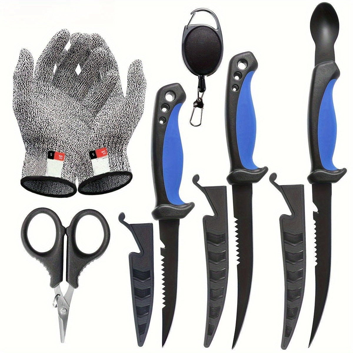 Fishing Knife Set 3 Piece Stainless Steel Fillet Boning Gutting Knives for Anglers & Campers – Includes Cut Resistant Gloves, Line Cutter & Cord, Unique Fishing Gift for Men & Dad