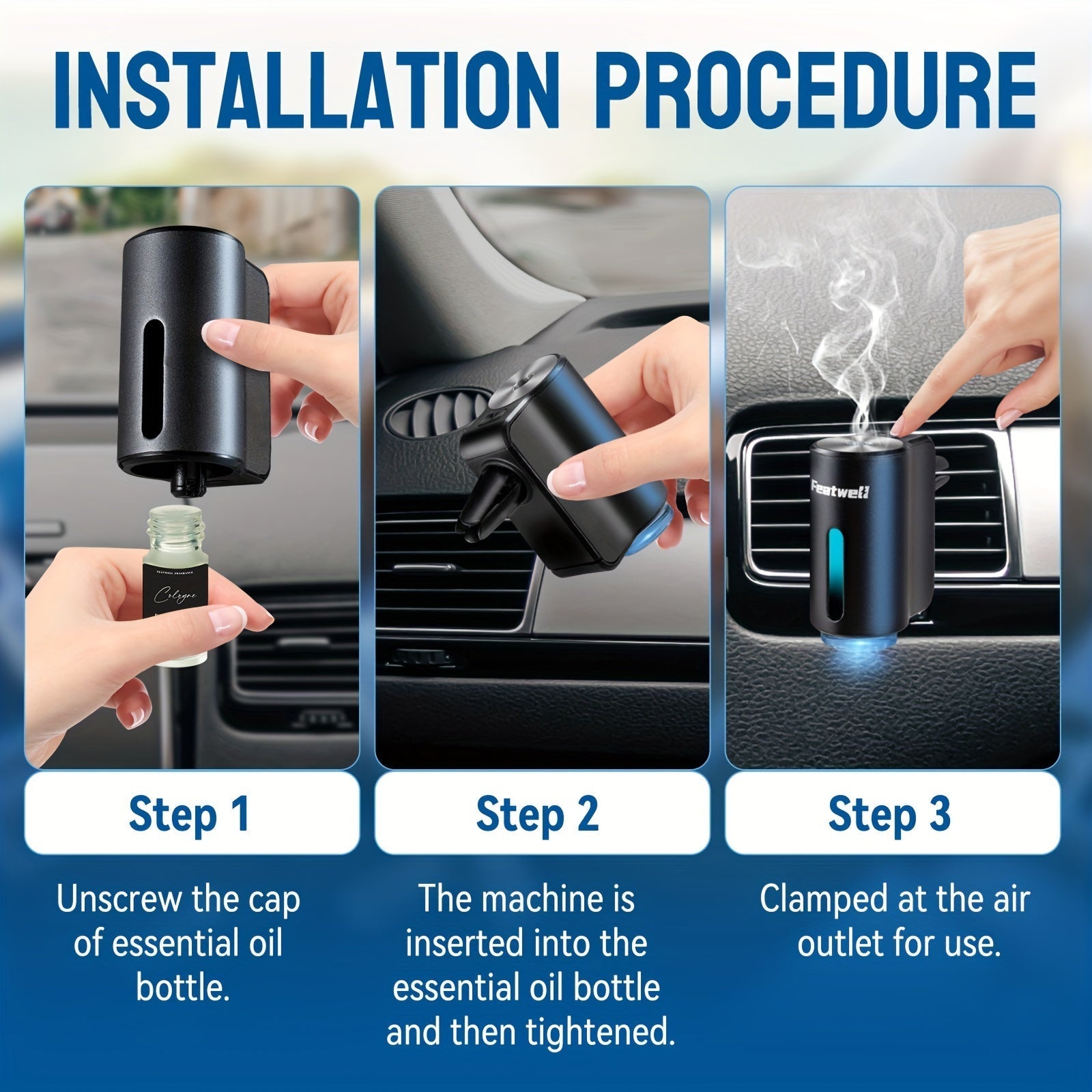 Car Essential Oil Diffuser Aromatherapy Air Freshener Smart Humidifier 3 Adjustable Mist Modes Fragrance Scent Diffuser for Vehicle Dashboard Interior